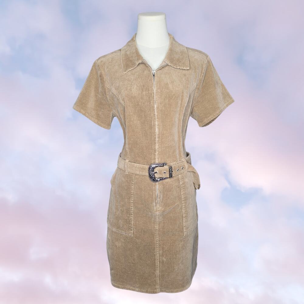 Y2K Gilli Tan Corduroy Zip Front Western Buckle Belted Utility Mini Dress Large